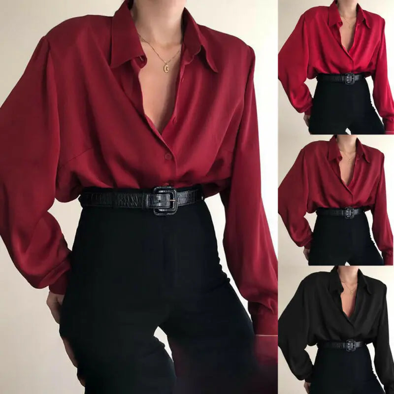 Women Button Blouses Turn Down Collar Shirt