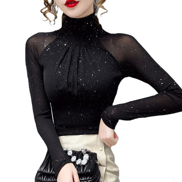 Women Korean Mesh High Neck Top
