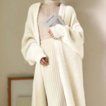 Knitted Fluffy White Long Cardigan for Women