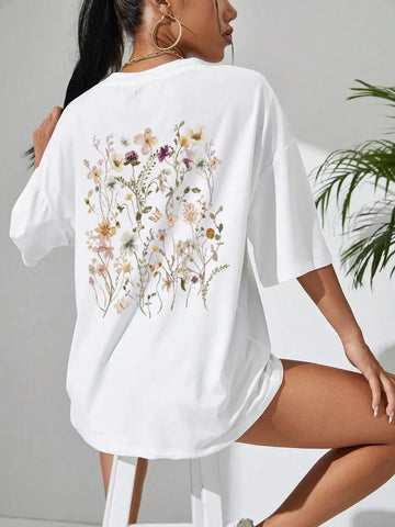 Flower Print Cotton Women's Casual T-Shirt