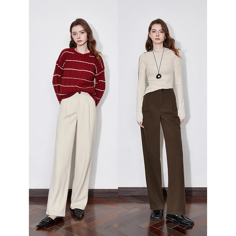 Women Mid Waist Woolen Pants