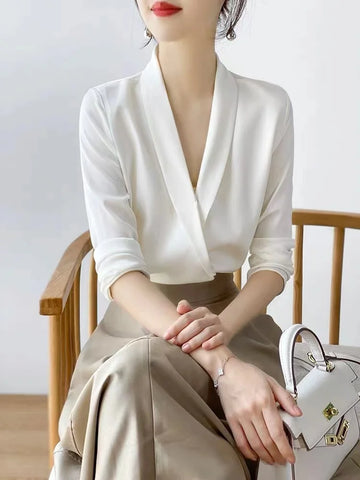 Satin V-Neck Office Shirt