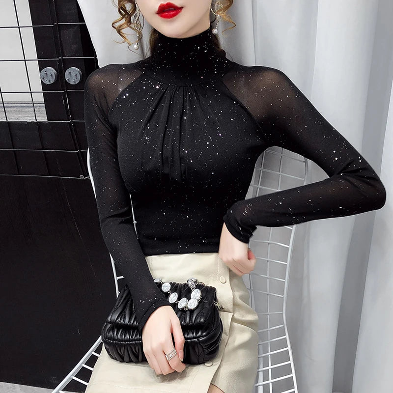 Women Korean Mesh High Neck Top
