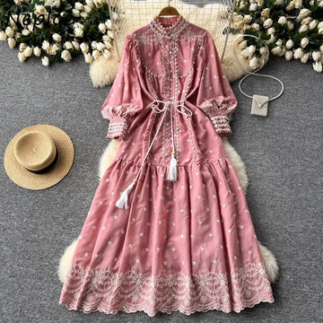 Elegant Embroidery Stand Collar Dress
