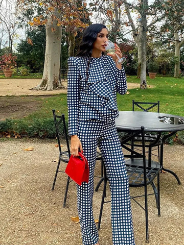 Spring Vintage Plaid Pants Set