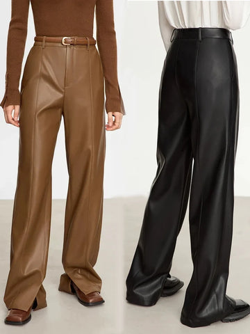 Women PU Leather Straight Pants