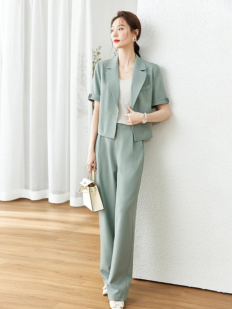 Vimly Light Green Short Blazers Suit Pant Sets