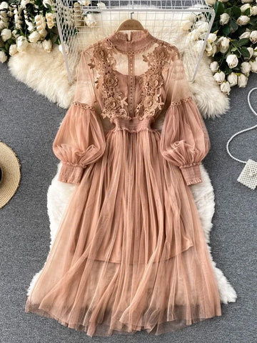 Floral Mesh Stand Collar Dress