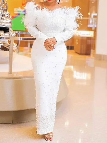 Feather White Pearls Maxi Dress