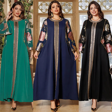 Gold Stamped Petal Sleeve Abaya