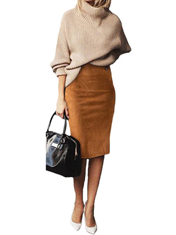 Women Multi-Color Suede Midi Skirt