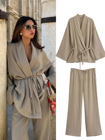 Long Pant Sets with Lace-Up Shirt