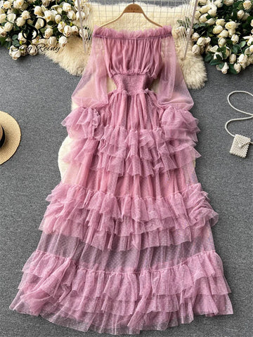 Off-Shoulder Tiered Polka Dot Dress