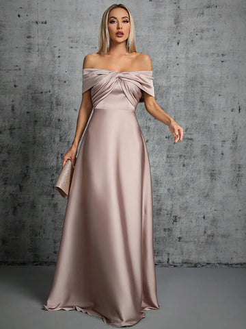 Cross-Pleated Satin Ball Gown