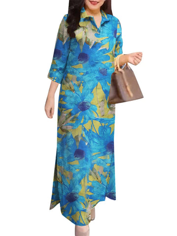 Lapel Floral Print Maxi Dress