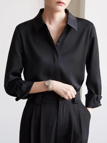 Black Satin Button-Up Shirt