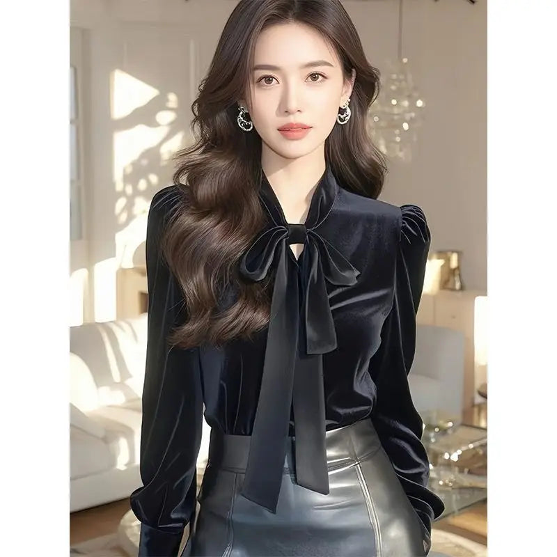 Women Blue Bow Velvet Shirt