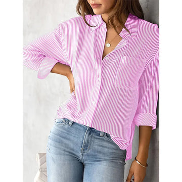 Polo-neck Striped Blouse Shirt