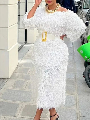 Women’s White Fur Midi Dress
