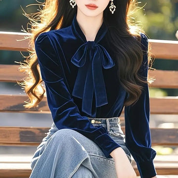 Women Blue Bow Velvet Shirt
