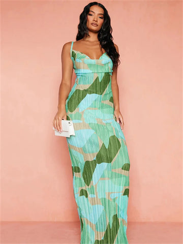 Spaghetti Strap Print Pleated Dress
