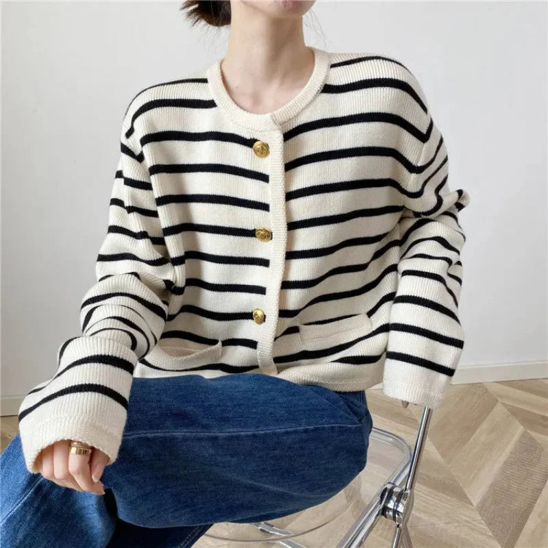 Striped Knitted Cardigan with Pockets