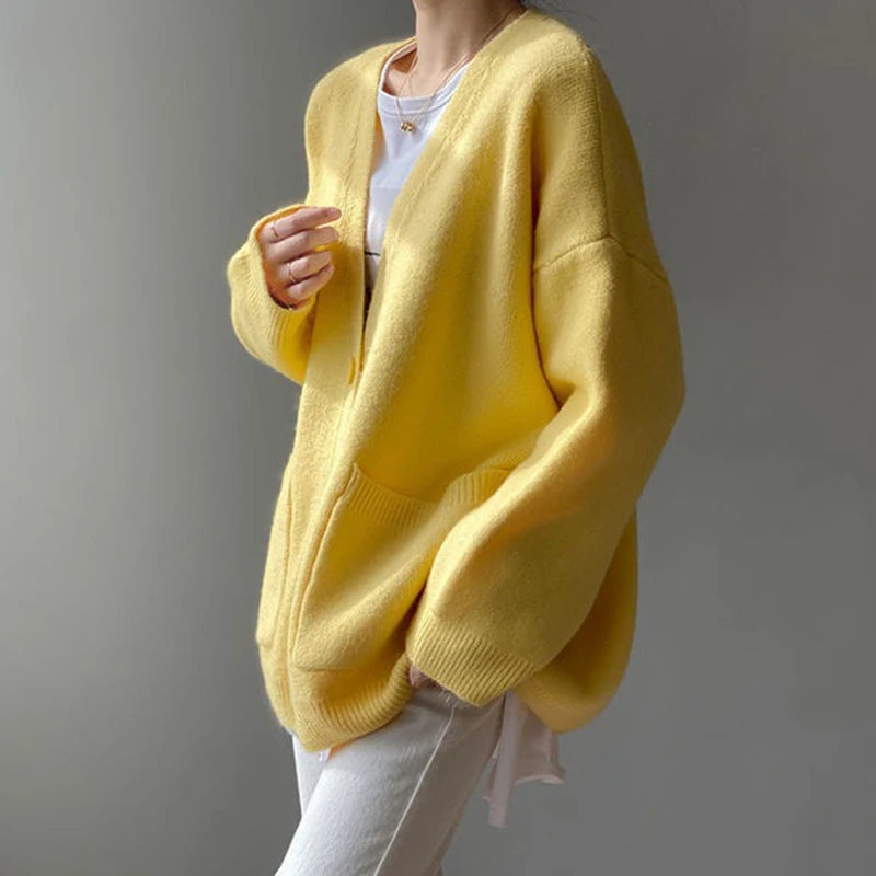 Women Chic Yellow Knitted Cardigan
