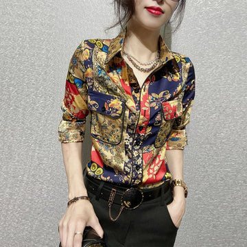 Polo-neck Printed Long Sleeve Shirt