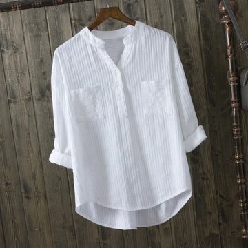 Women White Cotton V-Neck Shirt