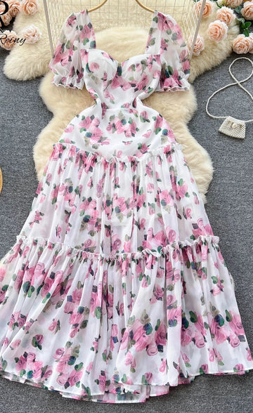 Floral Print Backless Beach Dress