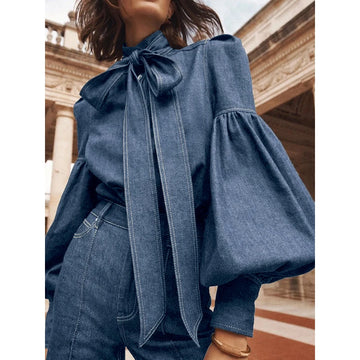 Imitation Denim Puff Sleeve Blouse