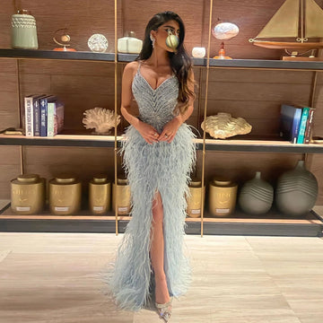 Sharon Said Blue Feather Prom Gown