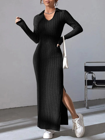 Slim-Fit Knitted Lapel Dress