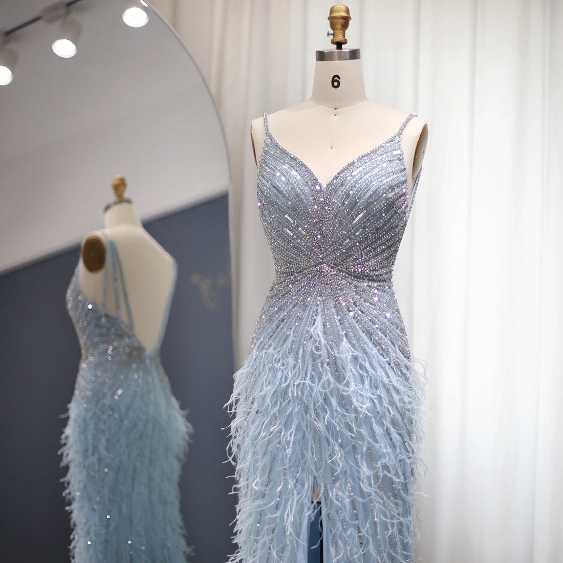 Sharon Said Blue Feather Prom Gown