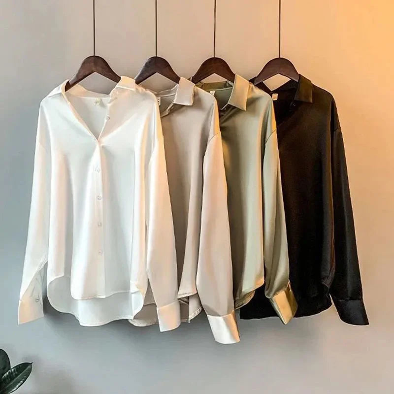 Women Autumn Shirt Vintage Satin
