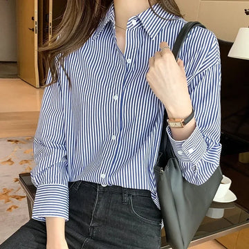Korean Striped Lantern Sleeve Blouse