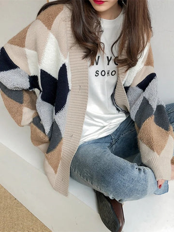 Plaid Puff Sleeve Oversized Cardigan