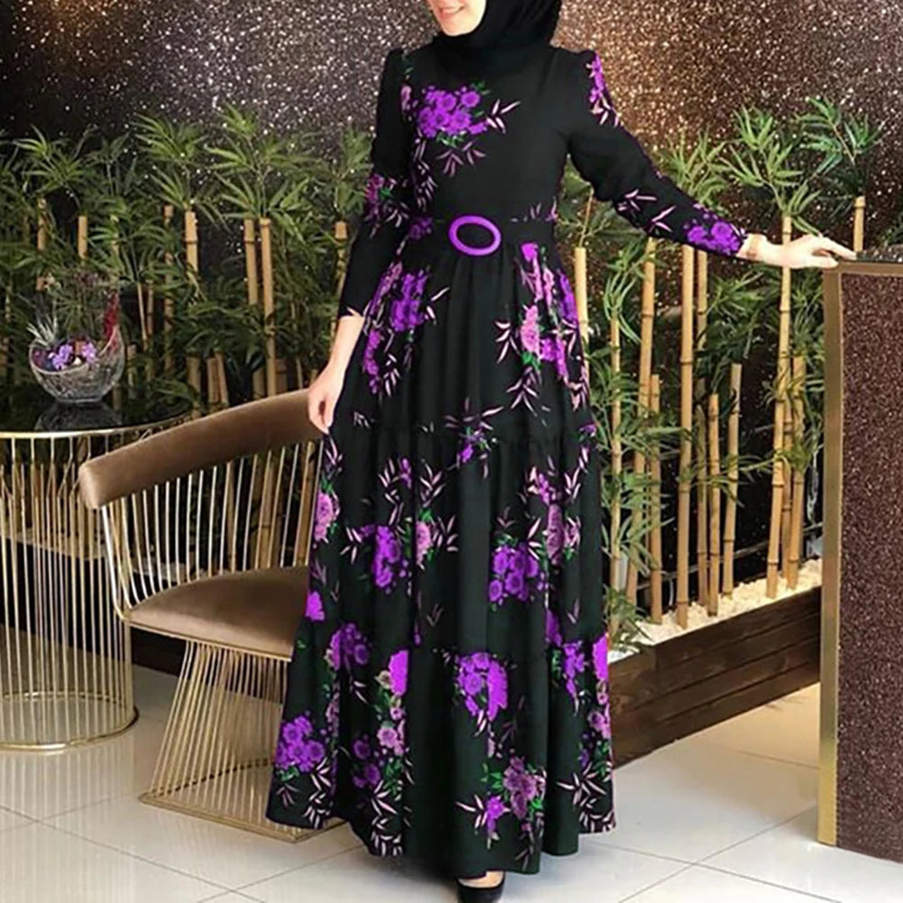 Floral Satin Muslim Maxi Dress