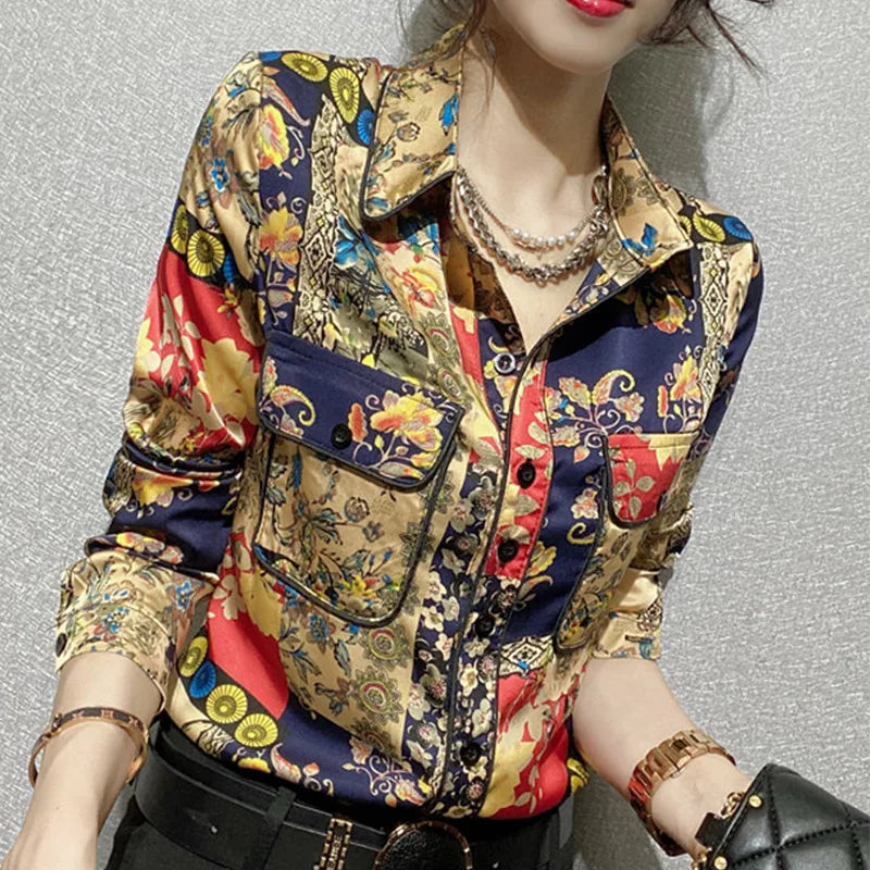 Polo-neck Printed Long Sleeve Shirt