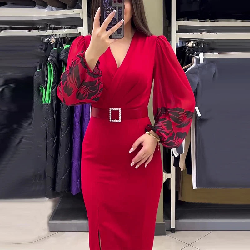 Women Elegant V-Neck Midi Dress