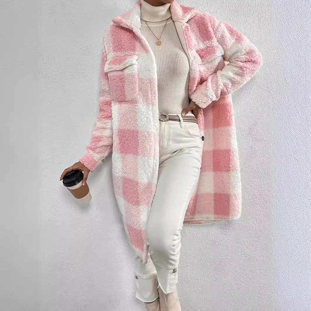 Women’s Long Plaid Fleece Coat