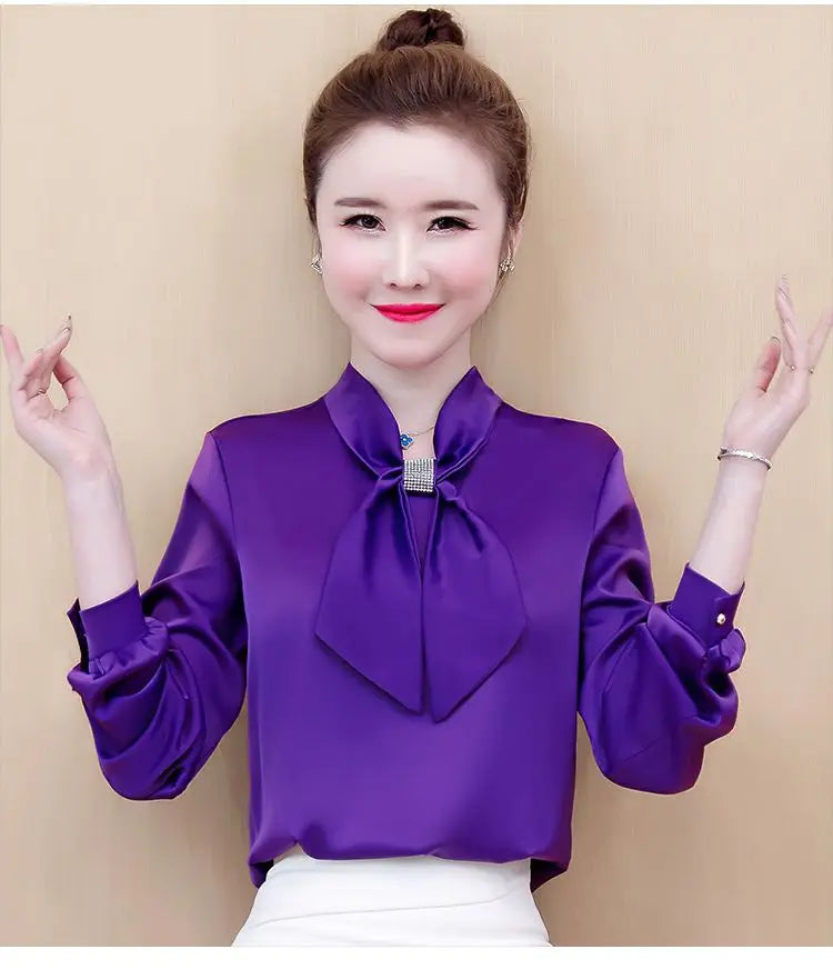 Women Satin Bow V-Neck Shirt
