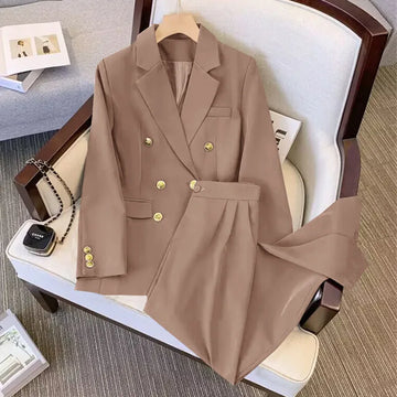 Khaki Double-Breasted Suit Set
