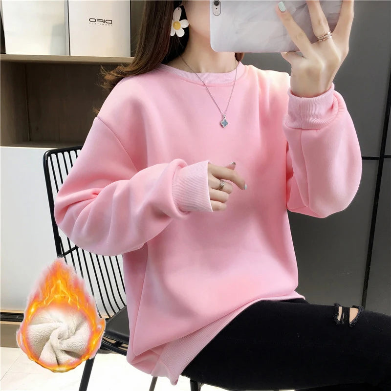 Casual Thick Women’s Sweatshirts 2024 Solid Color Lovers Autumn Winter Plus Velvet Long Sleeves Loose Pullover Female Clothes