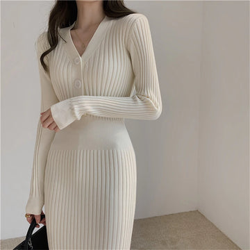 Women's V-Neck Knitted Sweater Dress