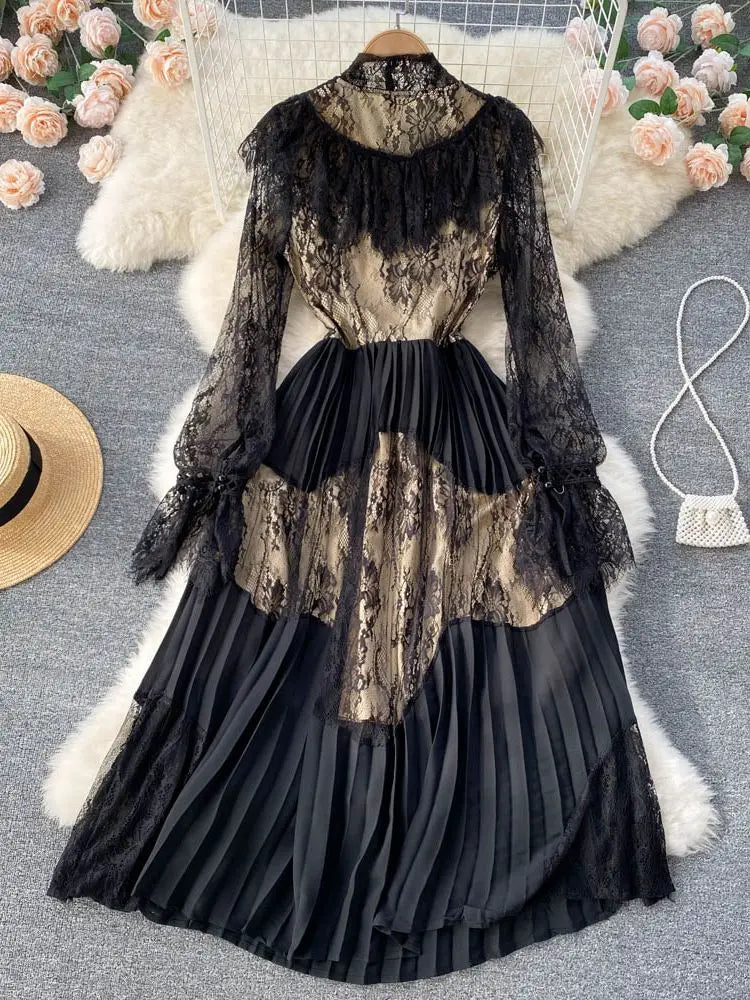 Autumn Fashion Black Lace Party Dress Women Clothing Bow Collar Long Flare Sleeve Elegant Hollow Out Stitching Pleated Vestidos