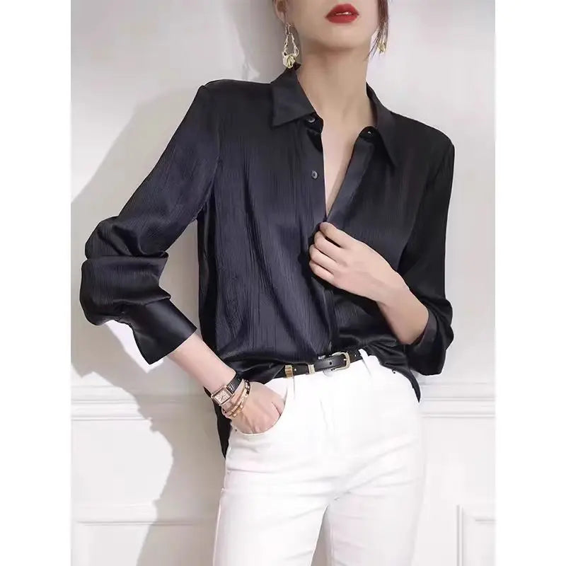 Black Satin Long Sleeve Shirt