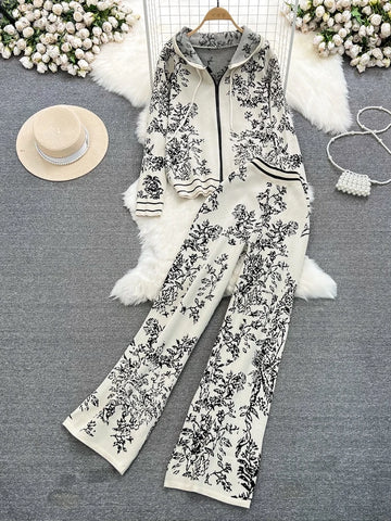 Vintage Print Knit Hoodie & Pants Set