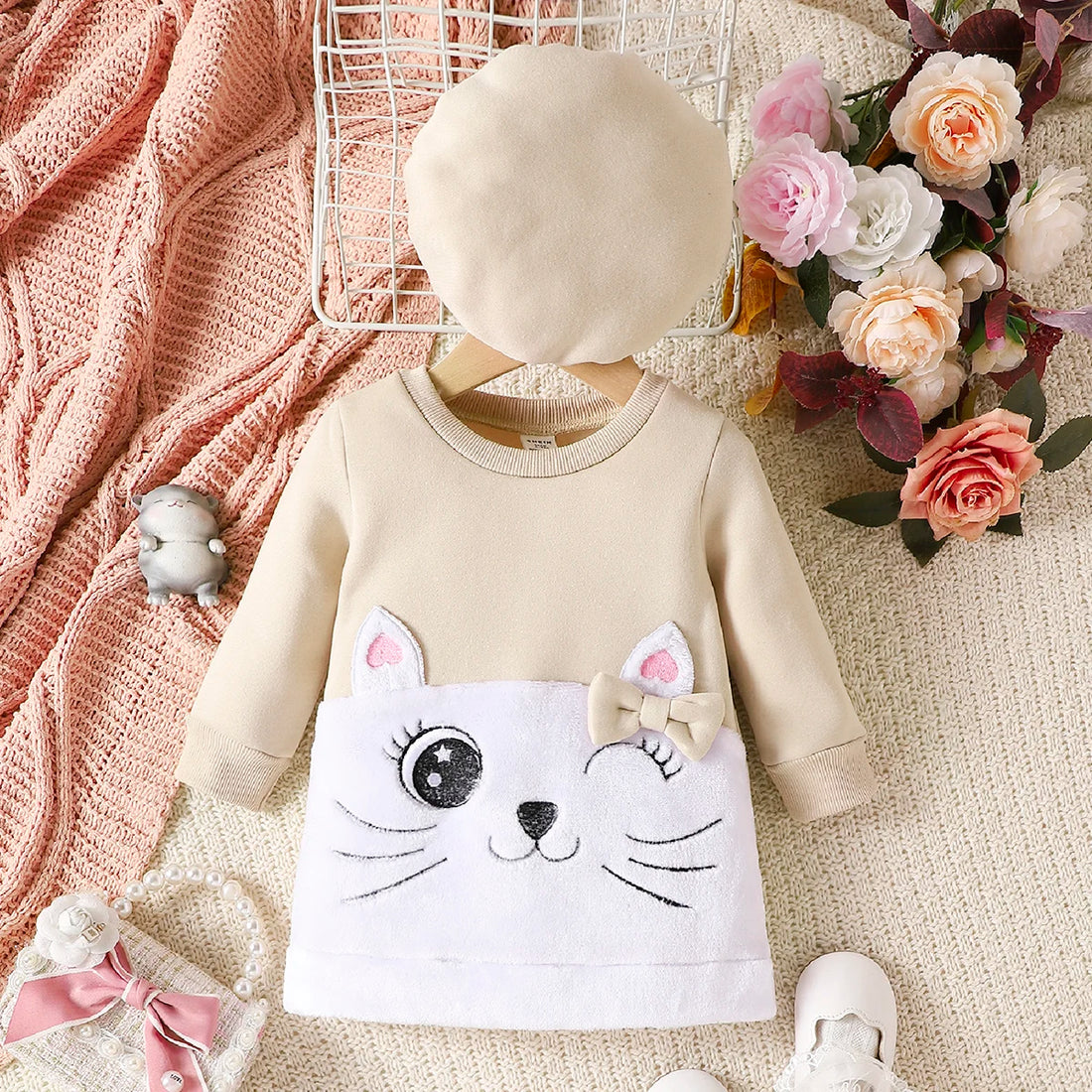 Girls' Cartoon Cat Dress Set