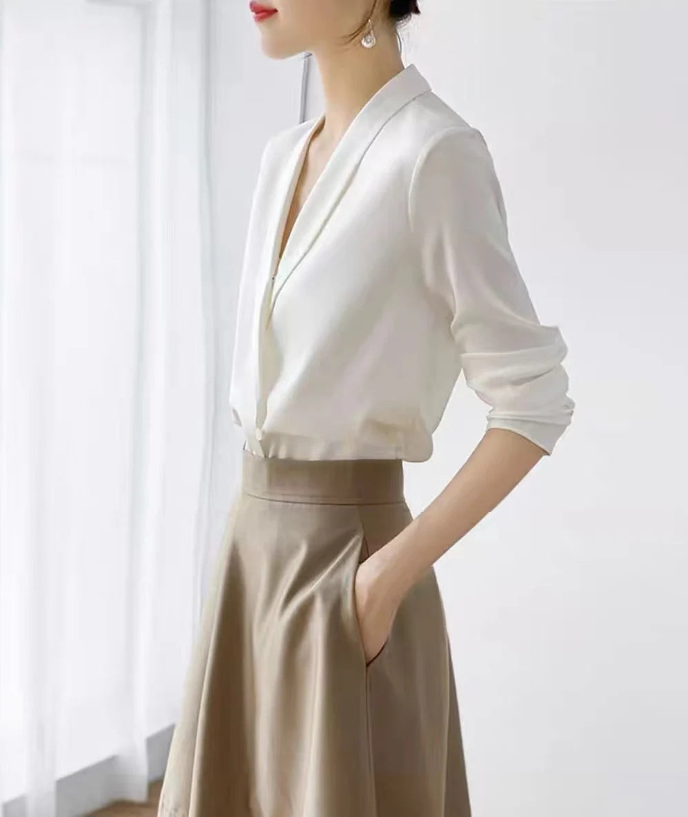 Satin V-Neck Office Shirt